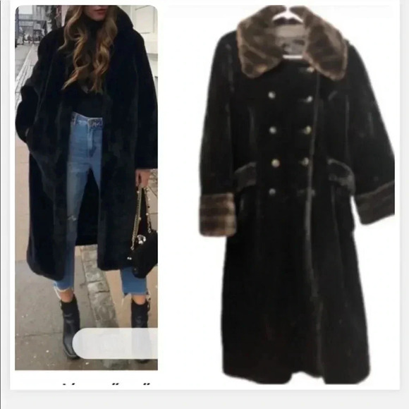VINTAGE FAUX FUR BLACK LONG COAT. BROWN TRIM LONG DOUBLE BREASTED WINTER MEDIUM - Picture 1 of 12